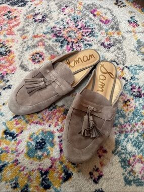 Sam Edelman Taupe Suede Tassel Backless Loafers